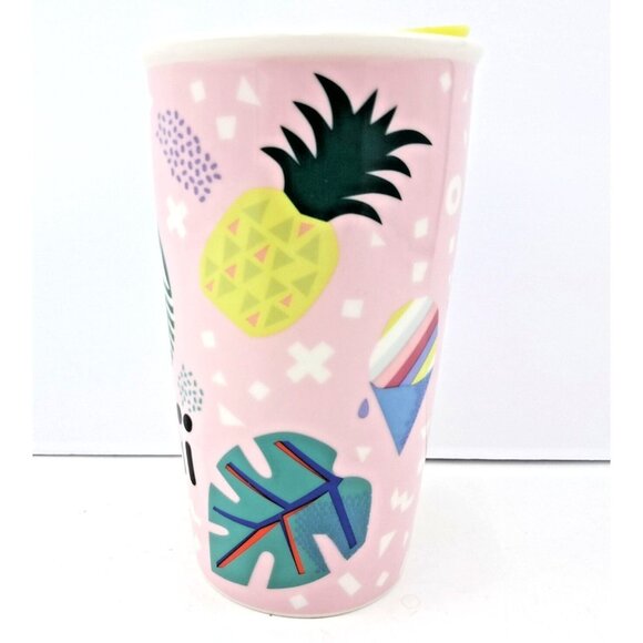 Starbucks Travel Mug Hawaii Pineapples Tree Leaves Ceramic Tumbler 12oz With Lid - Picture 2 of 7